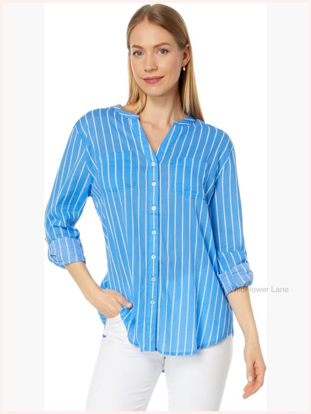 Striped V-Neck Button Down Tunic